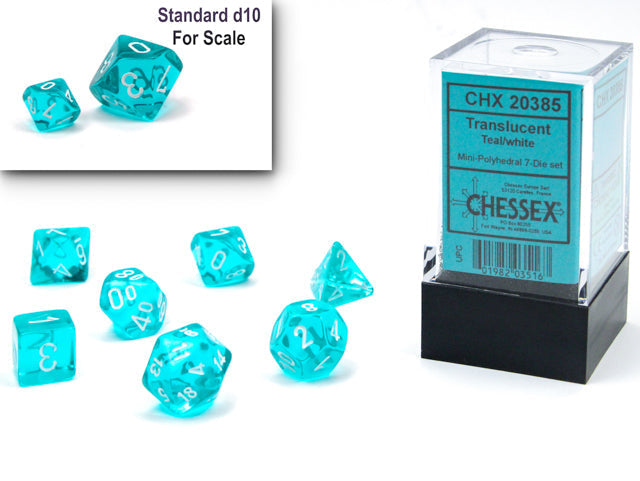 Chessex:  7ct Mini Die Set - Translucent Teal/White