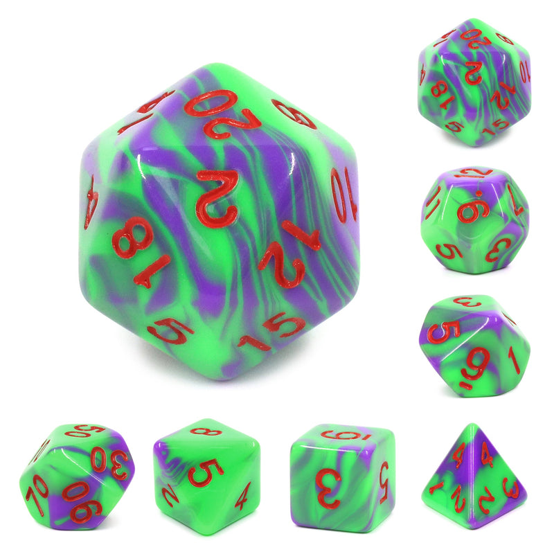 A&H Dice: Blend - Purple & Green with Red Font - Poly 7 Die Set