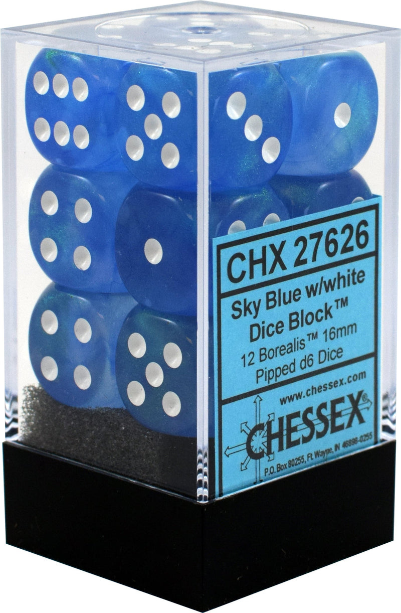 Chessex: 12ct Dice Block - Borealis (Sky Blue/White)
