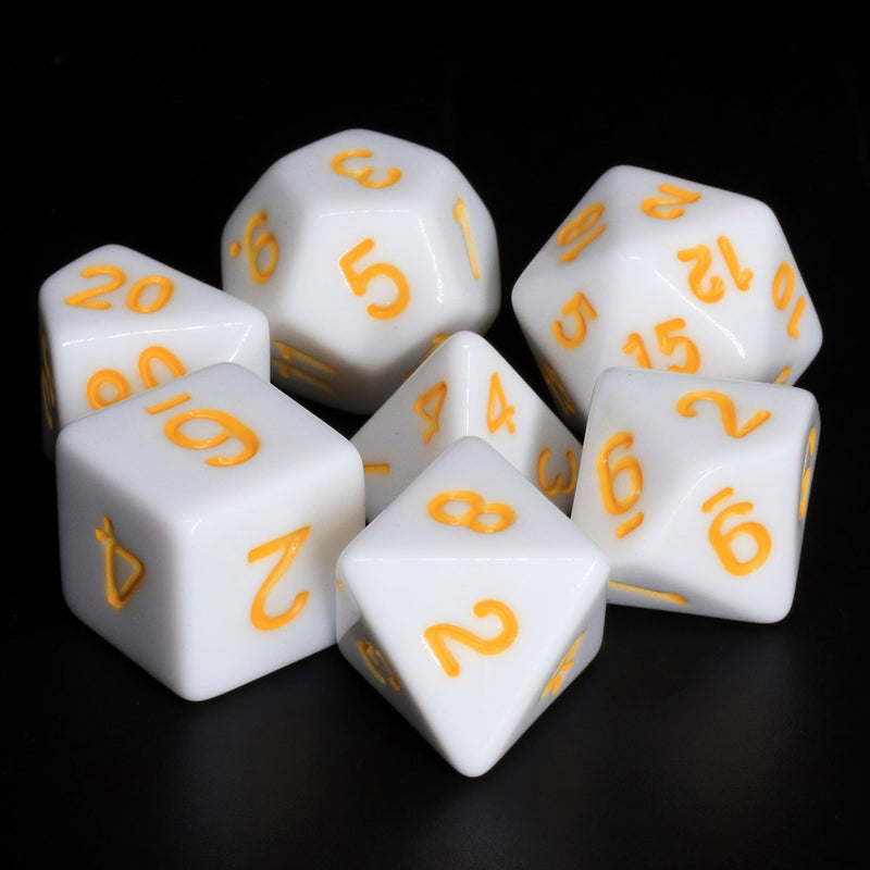 A&H Dice: White Opaque with Yellow Font - Poly 7 Die Set