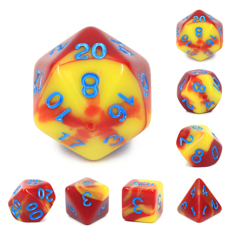 A&H Dice: Blend - Red & Yellow with Blue Font - Poly 7 Die Set