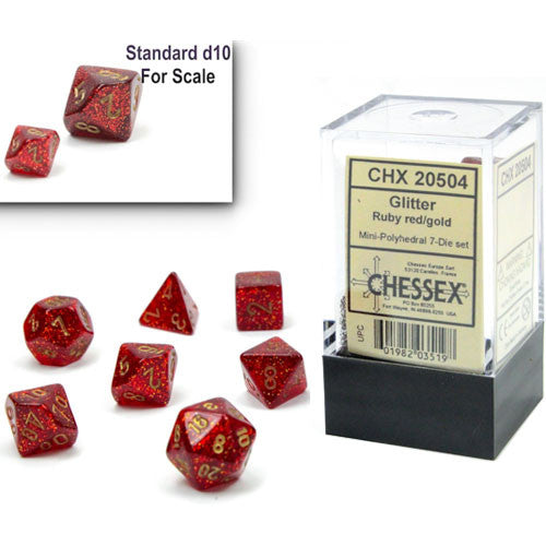 Chessex:  7ct Mini Die Set - Glitter Ruby Red/Gold