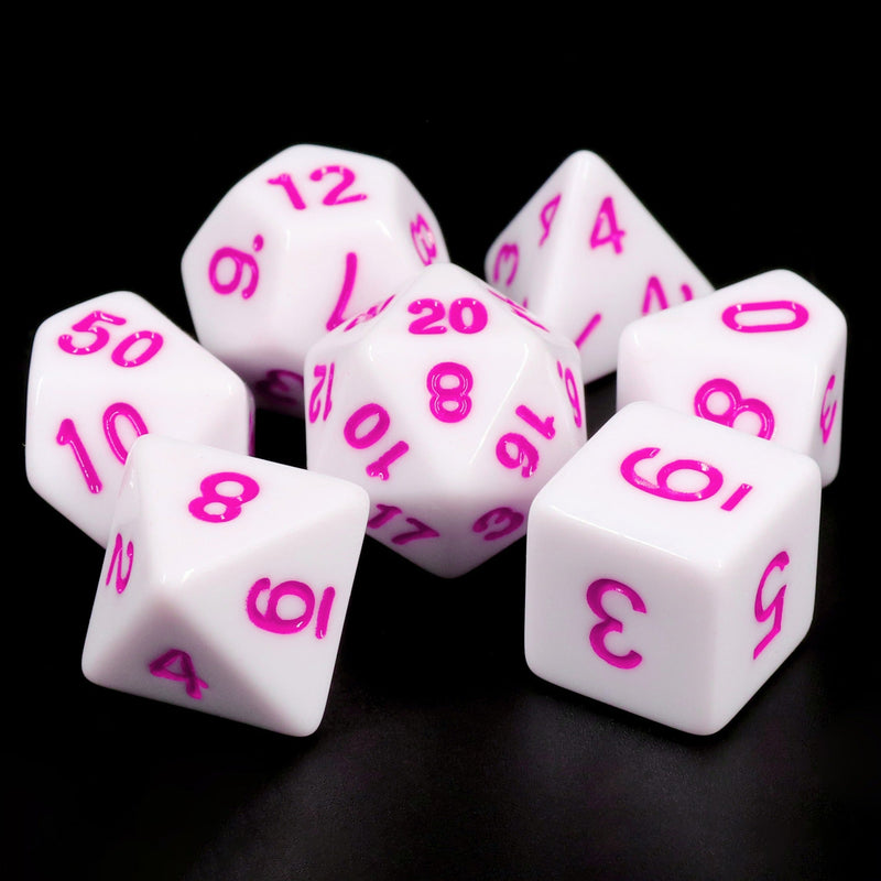 A&H Dice: White Opaque with Purple Font - Poly 7 Die Set